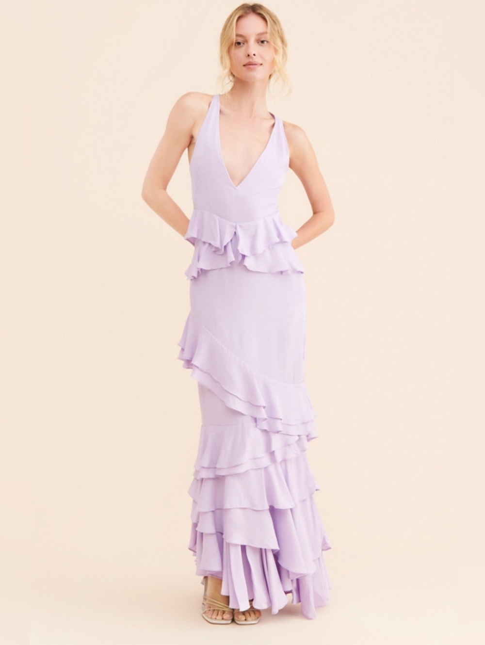 Anthropologie Let Me Be Femme Ruffled Lavender V-Neck Maxi Dress Size M
